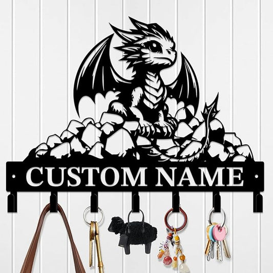 Customized Name Key Hook - Evil Dragon Design Keys Holder Decor Black Iron Metal Wall Organizer for Home & Office (Multiple Sizes) (Style C)