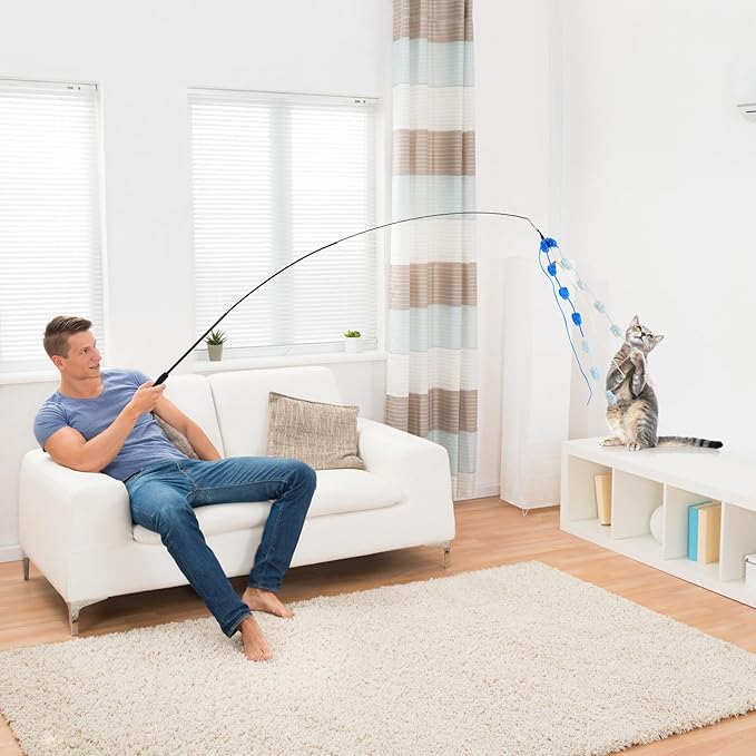 Cat Wand Toy, 8Pcs Retractable Plush Srtip Cat Teaser Wand Toys with Bell & String, Long Interactive Wand Toys for Indoor Kitten, Exercise