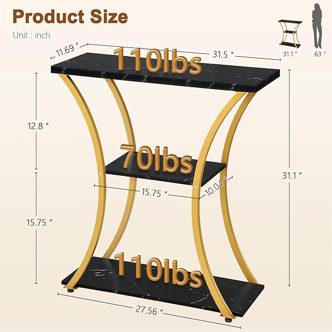 Hoctieon 3 Tier Console Table with Open Wood Shelves, Decorative Entryway Table with Curved Metal Frames, Narrow Sofa Table for Entrance, Living Room, Hallway, Gold and Black Marbled