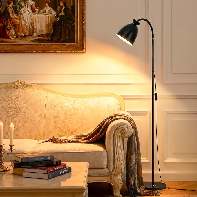 Bright Modern Black Floor Lamp for Living Room Corners Bedroom Bedside Kids room dorm Classroom,Tall Standing Reading Warm Light, 9W LED tri Color Dimming, Goose Neck Adjustment, Cheap Work Desk Lamp