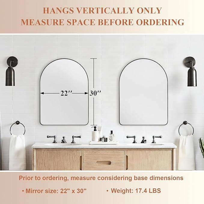 ANDY STAR Arched Mirror, 22 x 30 Inch Black Wall Mirror in Stainless Steel Metal Frame, Arch Top Rounded Corner 1 Inch Deep Set Design Wall Mount Hangs Vertical