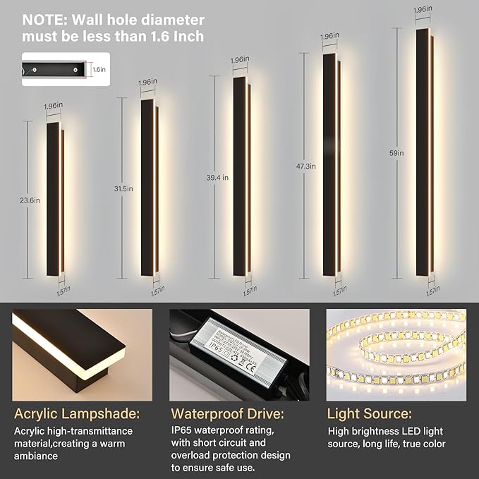 Modern Outdoor Wall Lights, 39.4Inch Black LED 3000K IP65 Waterproof Outdoor Linear Wall Sconces Exterior Lighting Fixture Porch Wall Light for House, Front Door, Garage