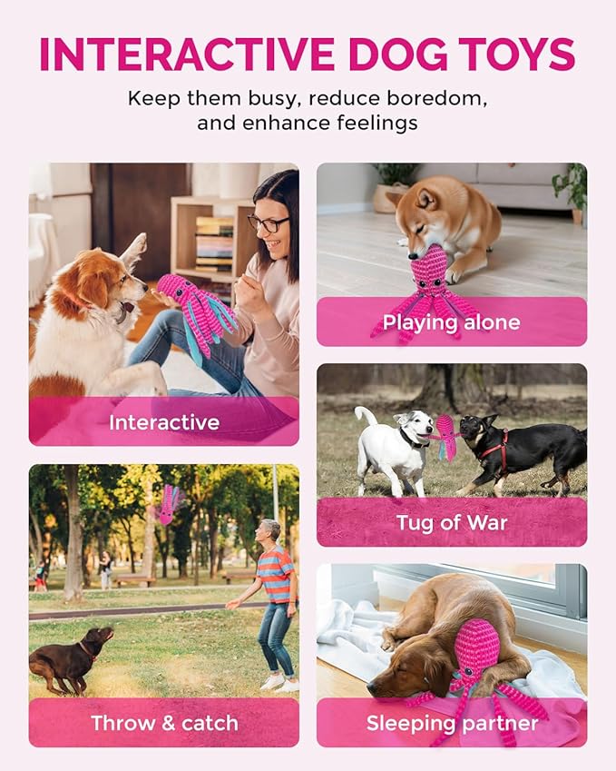 Squeaky Dog Toys for Large Dogs - Durable Dog Toys for Aggressive Chewers to Keep Them Busy - Interactive Plush Chew Toy with Squeaker & Crinkle Paper for Training Reward & Gift - Pink