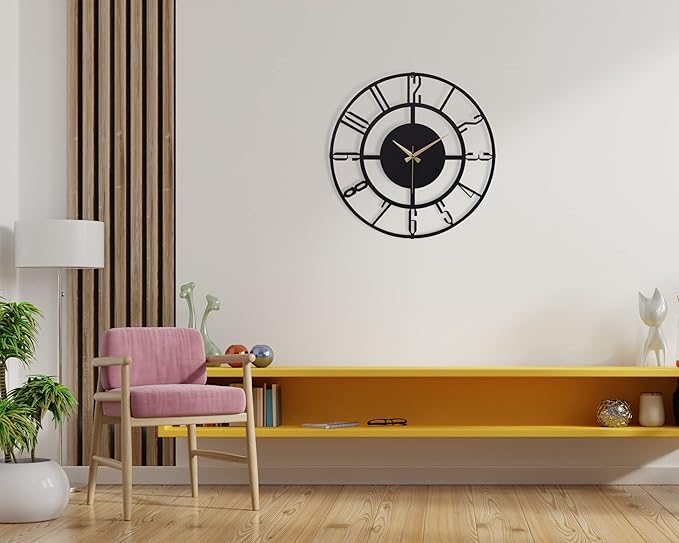 Large Metal Wall Clock | 20 inch Size Silent Battery Operated Large Size Analog Black Wall Clocks | Modern Wall Decor for Living Room Bedroom Kitchen Home Office
