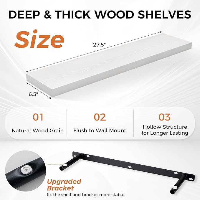 Fun Memories Floating Shelves for Wall, 27.5" Rustic Wood Deep Wall Mounted Shelves with Invisible Brackets for Decor & Storage, Floating Shelf for Living Room, Bathroom (White, Set of 2)