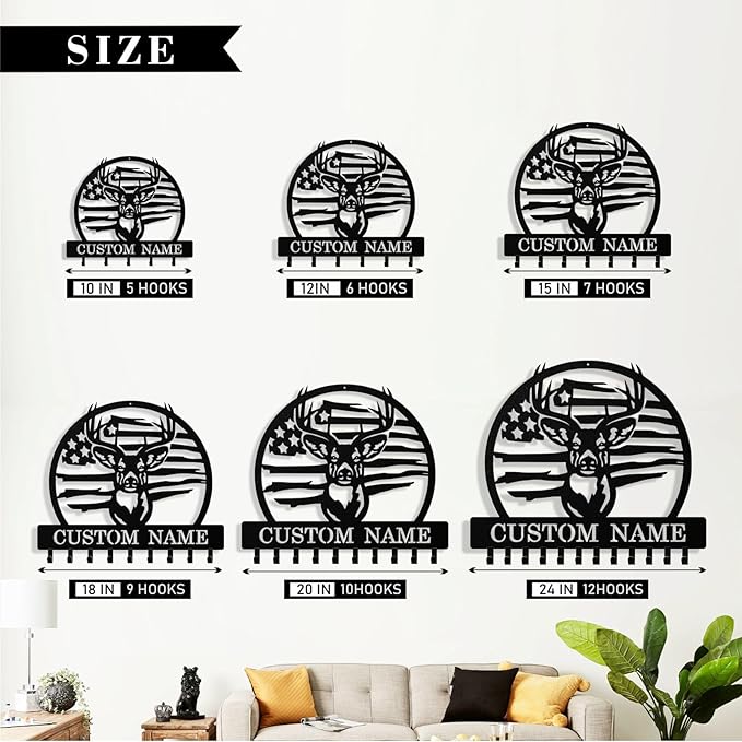 Personalized Deer Key Holder Wall Mount, Custom Metal Keys Hanger for Wall with Name, Custom Key Rack Holder with Hooks for Entryway, Front Door, Hallway, Living Room, Kitchen