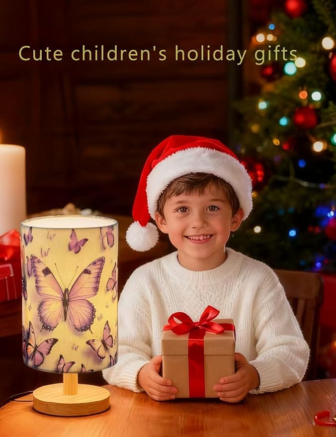 Butterfly Lamp, Butterfly Lamps for Girls Bedroom,3 Color Night Light Wood Nightstand Desk Base Flaxen Fabric Shade for Bedroom Living Room, Butterflys Lovers Gifts, LED Bulb Included（purple lamp）