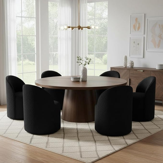 Modern Barrel Dining Chairs Set of 6, Swivel Base Black Sherpa Accent Chair 360°Rotating Mid-Century Dining Side Chair Kitchen Chair for Living Room, Bedroom, Home, Office, Kitchen