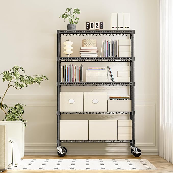 IZEUK 5-Tier Adjustable Heavy Duty Steel Wire Shelving Unit with Wheels, Storage Rack Organizer for Garage, Kitchen, Office, Laundry, Basement (Black, 17.7" D x 47.2" W x 76.7" H, 1750 lbs Capacity)