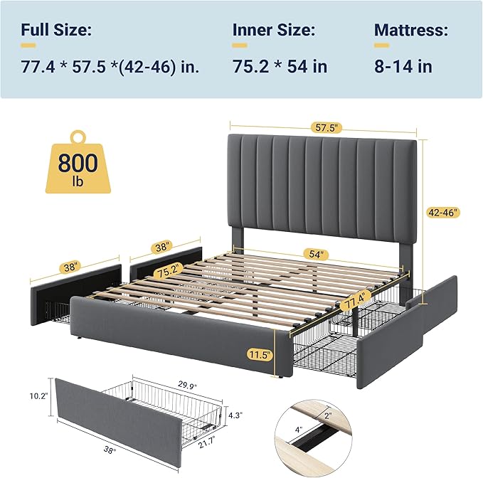 Allewie Full Size Storage Bed Frame, Vertical Channel Tufted Adjustable Headboard, Velvet Upholstered Platform Bed with 4 Oversized Underbed Drawers, Wooden Slats Support, No Box Spring Needed, Grey