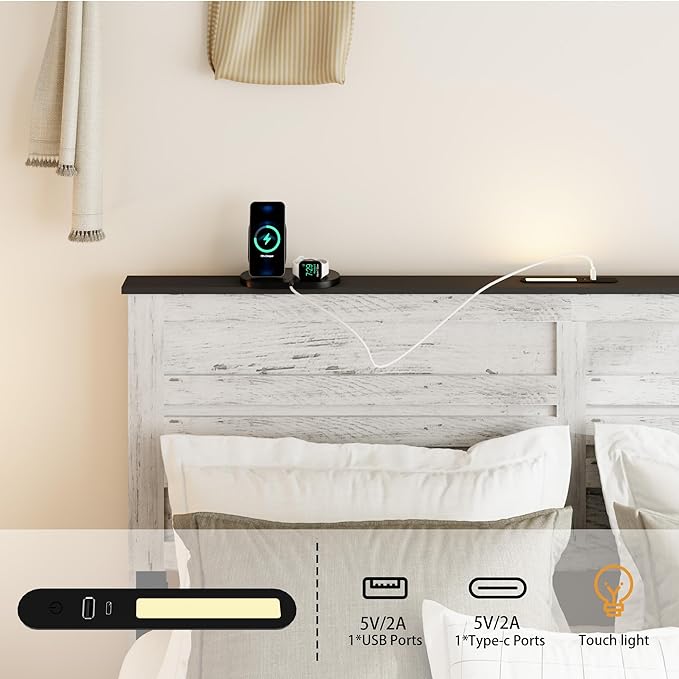 Wooden Full Size Bed Frame with Headboard, Boho White Farmhouse Storage Bedframe with Sliding Barn Door Footboard and Charging Station, Wood Slats, No Box Spring Needed