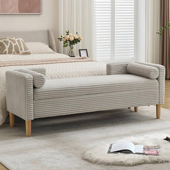 NIOIIKIT 65" Large Storage Ottoman Bench with 2 Pillows, Corduroy Upholstered Entryway Bench with Wood Leg, End of Bed Bench with Straight Armrest, Window Bench for Bedroom, Entryway (Light Grey)
