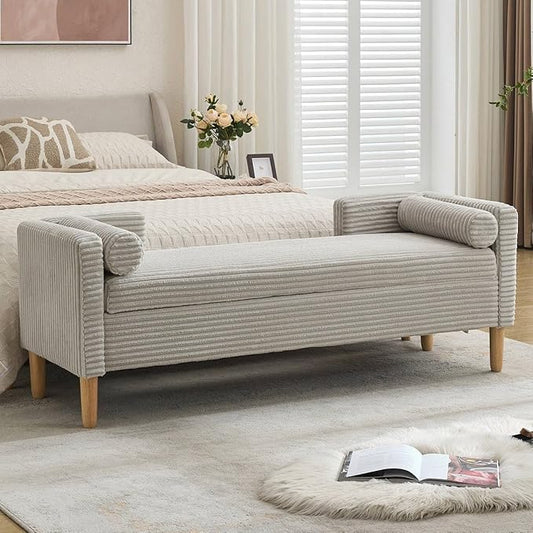 NIOIIKIT 65" Large Storage Ottoman Bench with 2 Pillows, Corduroy Upholstered Entryway Bench with Wood Leg, End of Bed Bench with Straight Armrest, Window Bench for Bedroom, Entryway (Light Grey)