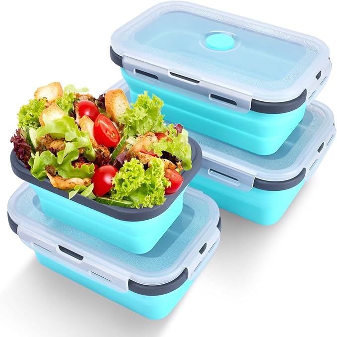 Collapsible Silicone Food Storage Containers with Lids, Collapsible Food Storage Containers, Camping Dishes,4 Pack Foldable Lunch Box for Leftovers, Meals, Snacks, Blue Gray Trim
