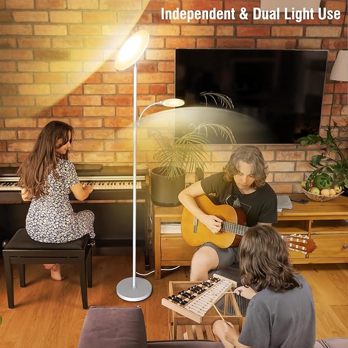 White Floor Lamps for Living Room, 44W/4500LM Super Bright 2 in 1 LED Floor Lamp with Remote, Stepless Dimmable, 69" Tall Standing Floor Lamp with Bendable Reading Light for Bedroom Office