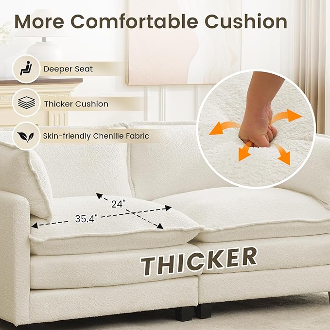 ROWHY Modular Loveseat Sectional Sofa, 78" Upholstered Loveseat, 2 Deep Seat Sofa Couch with 2 Throw Pillows for Small Space, Modern Comfy Cloud Couch for Living Room, Chenille, Beige