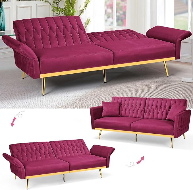 70” Velvet Futon Sofa Bed with 2 Pillows and Adjustable Armrests, Convertible Sleeper Bed W/Adjustable Backrests, Modern Loveseat for Living Room, Bedroom, Fuchsia
