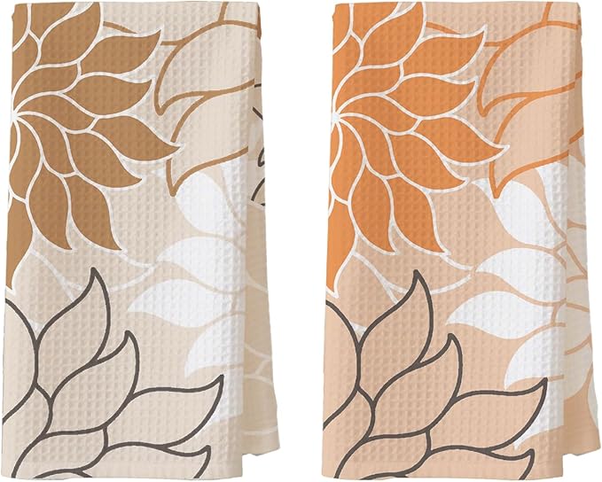 2-Pack Boho Floral Abstract Waffle Towels, Flower Hand Towel for Bathroom Decor, 16x24 Inch Neutral Brown & Orange Color Flower Dish Tea Towel Decor for Kitchen/Bath/SPA,Gift for Friends.