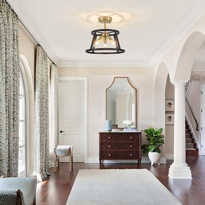 Modern Black and Brushed Gold Semi Flush Mount Ceiling Light, 3 Lights Industrial Close to Ceiling Light Fixtures, 12.59" Ceiling Lamp for Hallway Entry Laundry Bedroom Kitchen Lighting, UL Listed