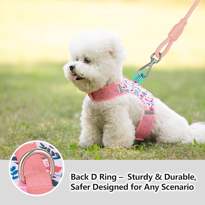 Dog Harness for Small Sized Dog,Hook-and-Loop Easy On/Off, Reflective Adjustable Soft Mesh Vest for Puppy (Pink Floral Print,S)