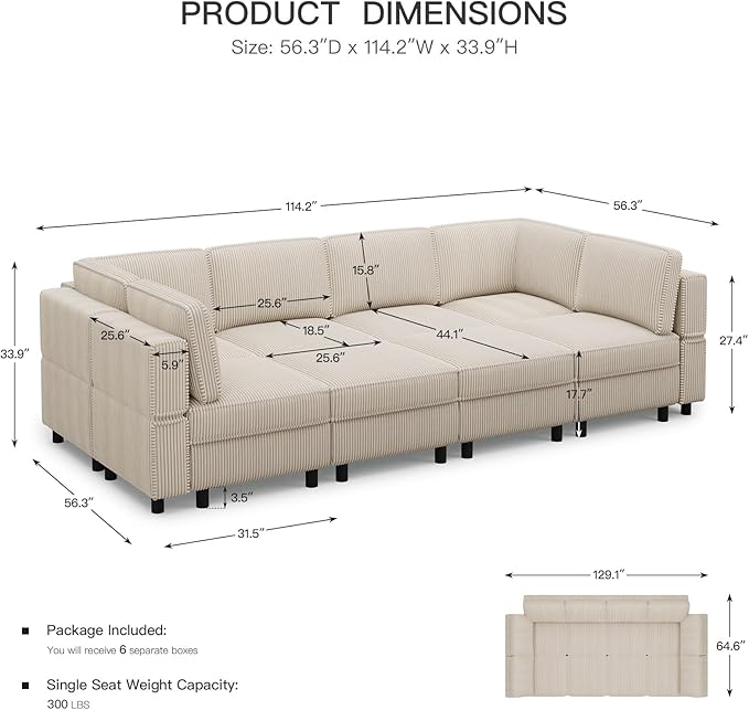 114.2" 8 Seat Modular Sectional Sofa with Deep Storage Seat, Comfy Corduroy Sectional Couch Convertible Modular Sleeper Sofa Couch with Movable Ottoman Chaise, Beige