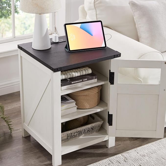 ACCOHOHO Farmhouse End Table with Charging Station,18'' Sofa Side Table,Nightstand with Barn Door,Bedside Table with Adjustable Shelf for Living Room, Bedroom, Office (White)