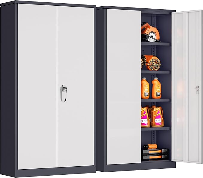 INTERGREAT Metal Storage Cabinet for Garage,72" Lockable Storage Cabinets with Doors and Adjustable Shelves,Steel Locking Cabinet for Garage,Office,Home,Gym,School (White Grey)