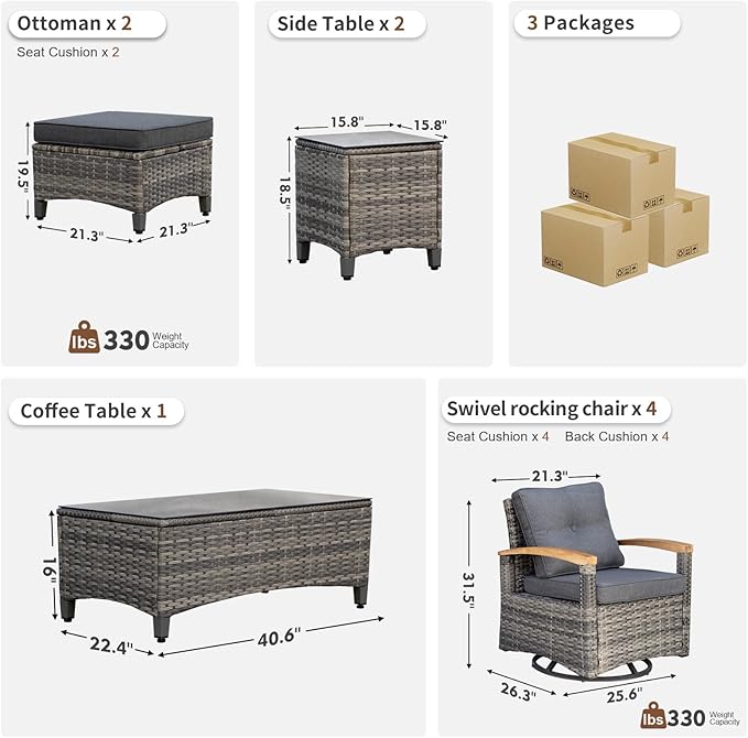 MEISSALIVVE 9 Pieces Outdoor Patio Furniture Sets,PE Wicker Patio Conversation Sets with 4 Wood Armrests Swivel Rocker Chairs，2 Ottoman and Coffee Table(Grey)