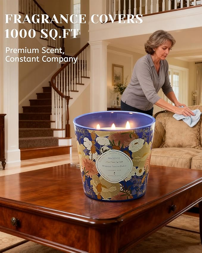 M&SENSE Winter Snow Flake Scented Candle, 28.2oz 3 Wick Natural Soy Wax Large Candles, Long Lasting Clean Slow Burning No Toxic Décor for Home Relaxation, Romantic Dates & Gift-Giving