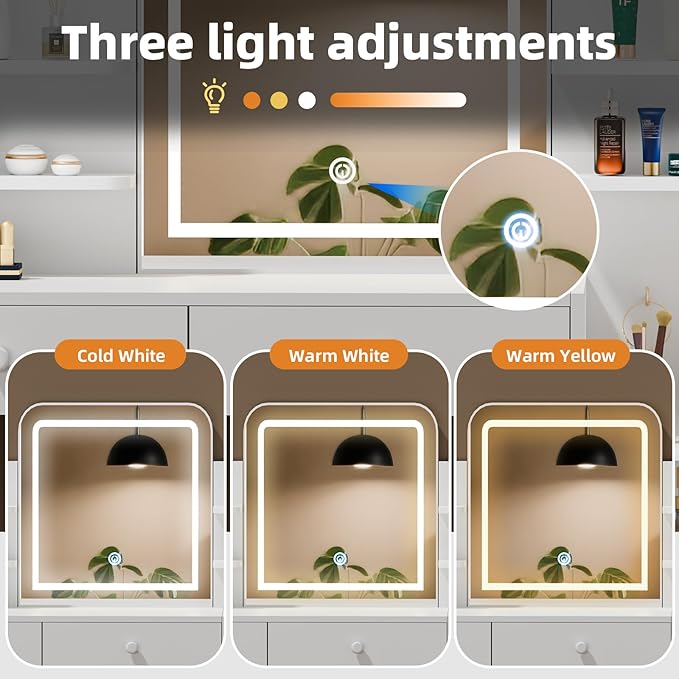 White Makeup Vanity Desk with LED Mirror & 5-Tier Sloped Shelves, 7 Open Storage Areas & 3 Drawers, Adjustable 3-Color Lighting Dressing Table