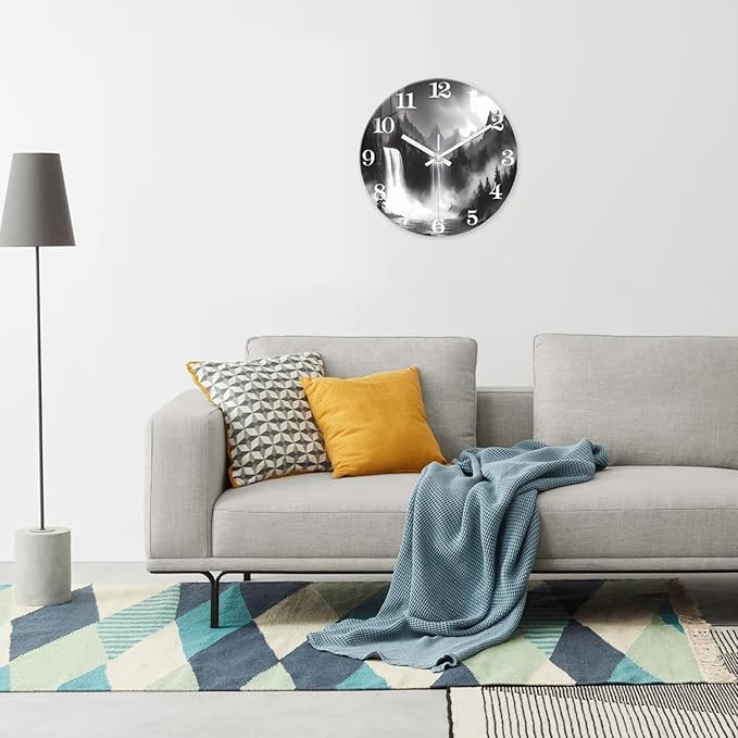 XNM 14 Inch Waterfall Wall Clock for Living Room Analog Natural Landscape Black and White Glass Wall Clocks Battery Operated Round Wall Clock Silent