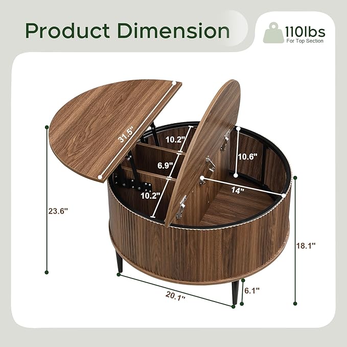 Yechen 31.5" Round Coffee Table with Storage,Fluted Lift Top Center Table, Midcentury Modern Flip-top Curved Table for Living Room,Walnut