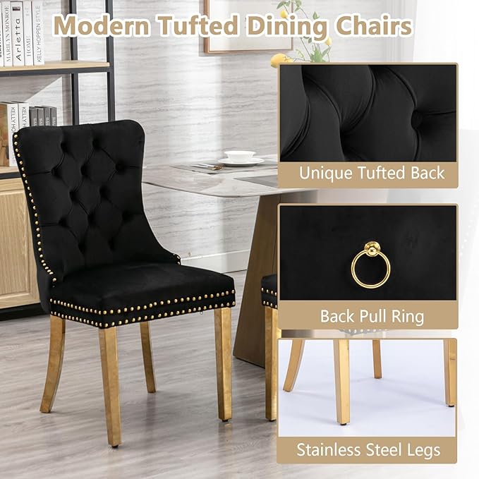 Goujxcy 5 Piece Round Glass Dining Table Set for 4, 47" Round Dining Table & Chair Set Modern Circle Glass Kitchen Table and 4 Velvet Upholstered Chairs for Kitchen Dining (Gold Table & Black Chair)