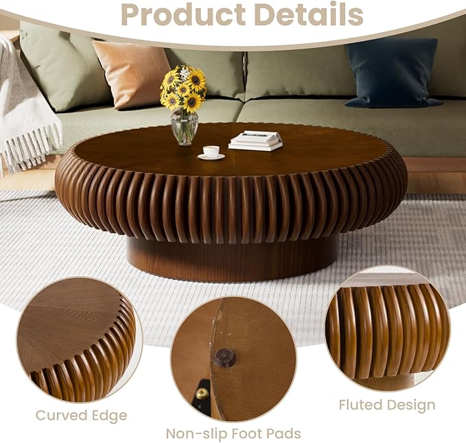 Round Fluted Coffee Table Modern Handcraft Drum Coffee Table with Sturdy Pedestal 39.37" Farmhouse Center Table Tea Table for Living Room, Reception Room, Entertainment Room (Walnut 39.37")