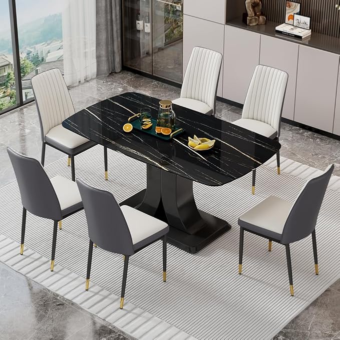Modern Dining Table Set for 6, Marble Kitchen Table Chair Set for 6, Rectangular Kitchen Table with 6 Pu Leather Upholstered Chair for Dining Room