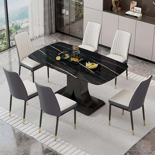 Modern Dining Table Set for 6, Marble Kitchen Table Chair Set for 6, Rectangular Kitchen Table with 6 Pu Leather Upholstered Chair for Dining Room
