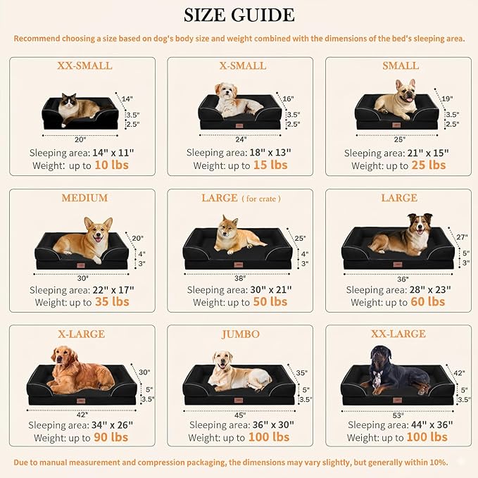 Comfort Expression Large Dog Beds Waterproof Orthopedic Foam Dog Sofa Beds Comfy Pet Bed with Washable Removable Cover & Non-Slip Bottom(Large,Black)