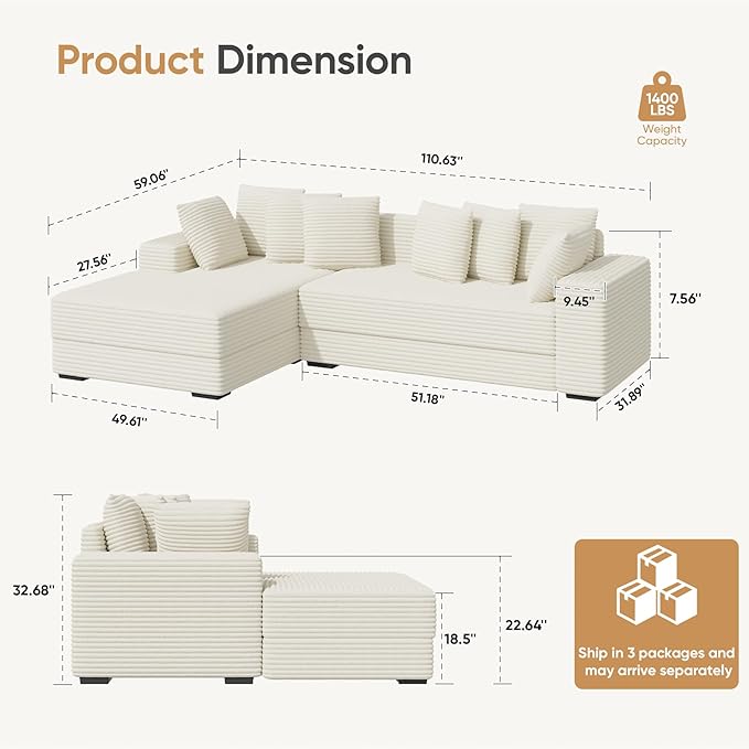 111‘’ Sectional Cloud Couches with L Shaped Chaise, Extra Large Sleeper Couch Reversible Corduroy with 8pcs Pillows for Living Room, Bedroom-Beige