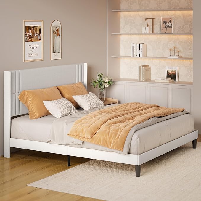 Gizoon King Bed Frame with Wingback Headboard, Upholstered Platform Bed with Modern Geometric Headboard, Wooden Slats, Noise-Free, No Box Spring Needed