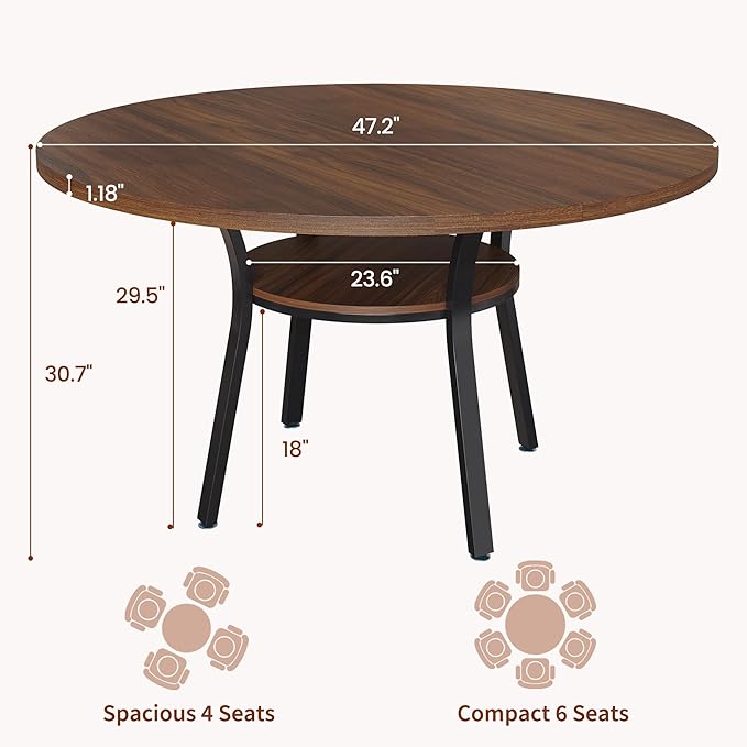 IDEALHOUSE Round Dining Table for 4-6, 47 Inch Kitchen Table with Sturdy Metal Frame, Space Saving Circle Dining Room Table for Small Space (Table Only), Walnut