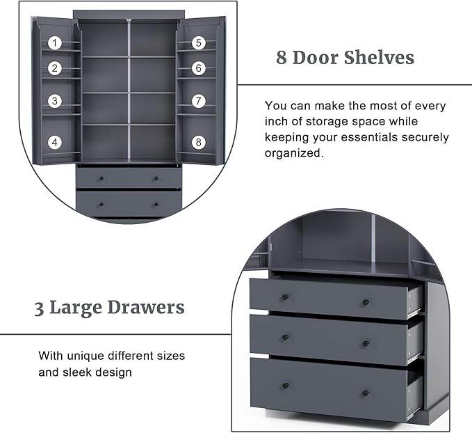 Merax 77" Tall Kitchen Storage Cabinet Pantry Wood Freestanding Large Cupboard with 3 Drawers,3 Adjustable Shelves,8 Door-Shelf for Dining Room,Grey