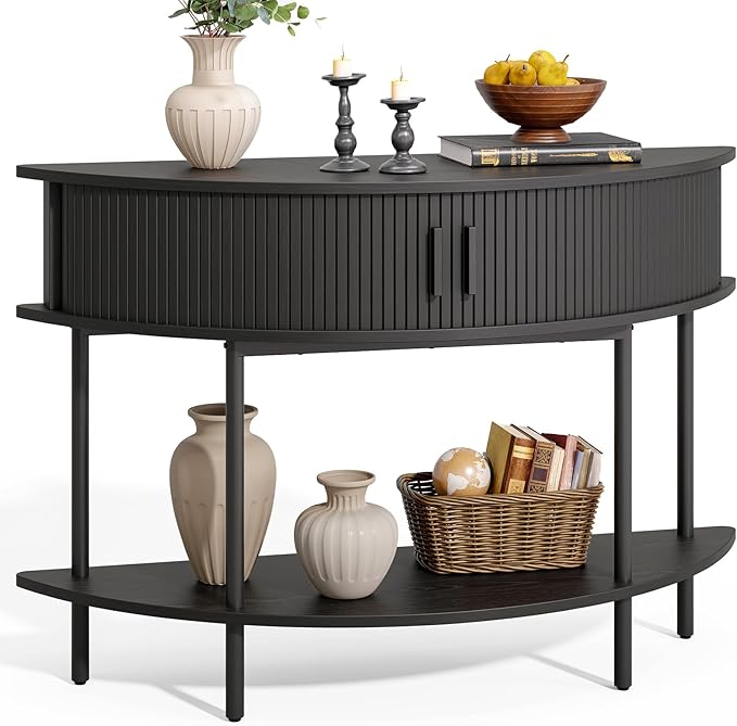 ONBRILL Half Moon Fluted Console Table, Entryway Table with Storage, Mid-Century Modern Sofa Tables, Behind Couch Tables, for Entryway, Hallway, Living Room, Small Spaces, Black