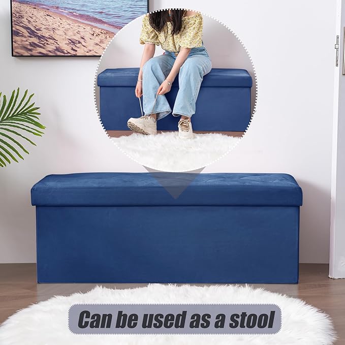 BRIAN & DANY 43 Inches Folding Storage Ottoman Bench, Velvet Ottoman with Storage for Living Room, Long Shoes Bench,Flannelette Footrest Benches Seat (Blue)