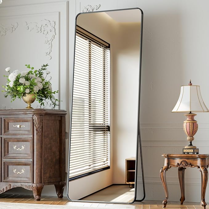 65"x24" Floor Full Length Mirror Standing Full Body Rounded Corner Rectangle Mirrors with Stand Hanging Wall Mounted Leaning Bedroom Living Room Bedroom Cloakroom,Black