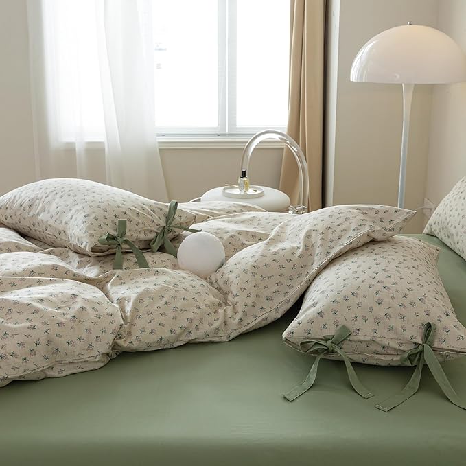 Vintage Style Cotton Duvet Cover Twin 3 Pieces Green Floral Print Duvet Cover Chic Botanical Flower Bedding Sets Cottagecore Floral Comforter Cover Boho Floral Bedding Cover with 2 Bowknot Pillowcases