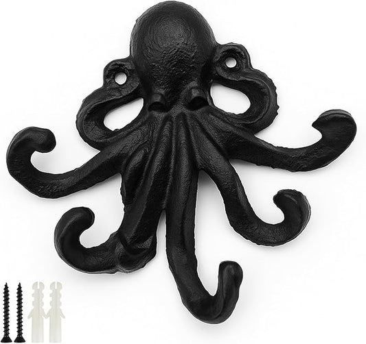 Octopus Cast Iron Wall Hook – Nautical Decorative Key Holder, Coastal Ocean Theme Wall Hanger for Entryway, Bathroom, or Bedroom, Heavy Duty Black Metal Hook