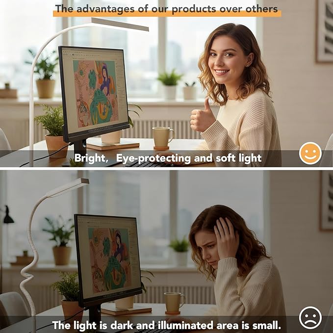 LED Desk Lamp for Office Home, Eye- caring Lamp with 10 Meter Remote Control Function, 5 Modes 10 Brightness Adjustable Desk Light Flexible Gooseneek Clip - on Light for Studying, Workbench (white)