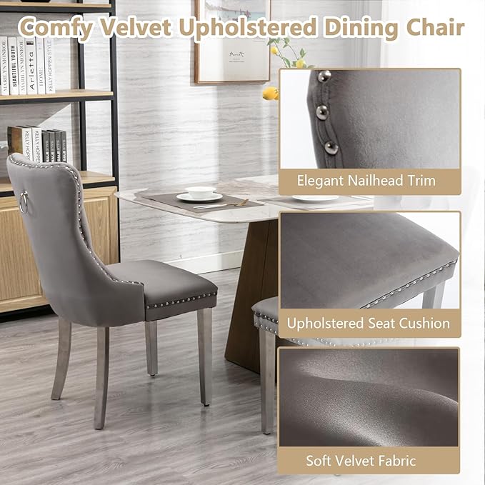 Goujxcy 5 Piece Glass Dining Table Set Modern Small Glass Dining Table Set for 4, 35.43" Square Kitchen Table and 4 Velvet Upholstered Chairs for Kitchen Dining Room, Silver & Grey