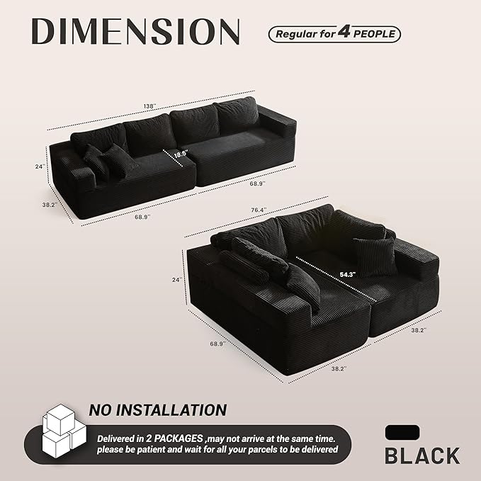 138" Modular Sofa Memory Foam Sectional Couches for Living Room, Sleeper Sofa Bed, Corduroy, Black