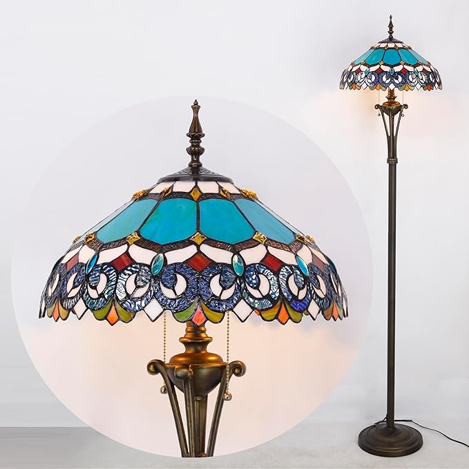 Tiffany Floor Lamp Blue Stained Glass Jewelry Baroque Standing Reading Light 16X16X70 Inches Antique Pole Corner Lamp Decor Bedroom Office Living Room